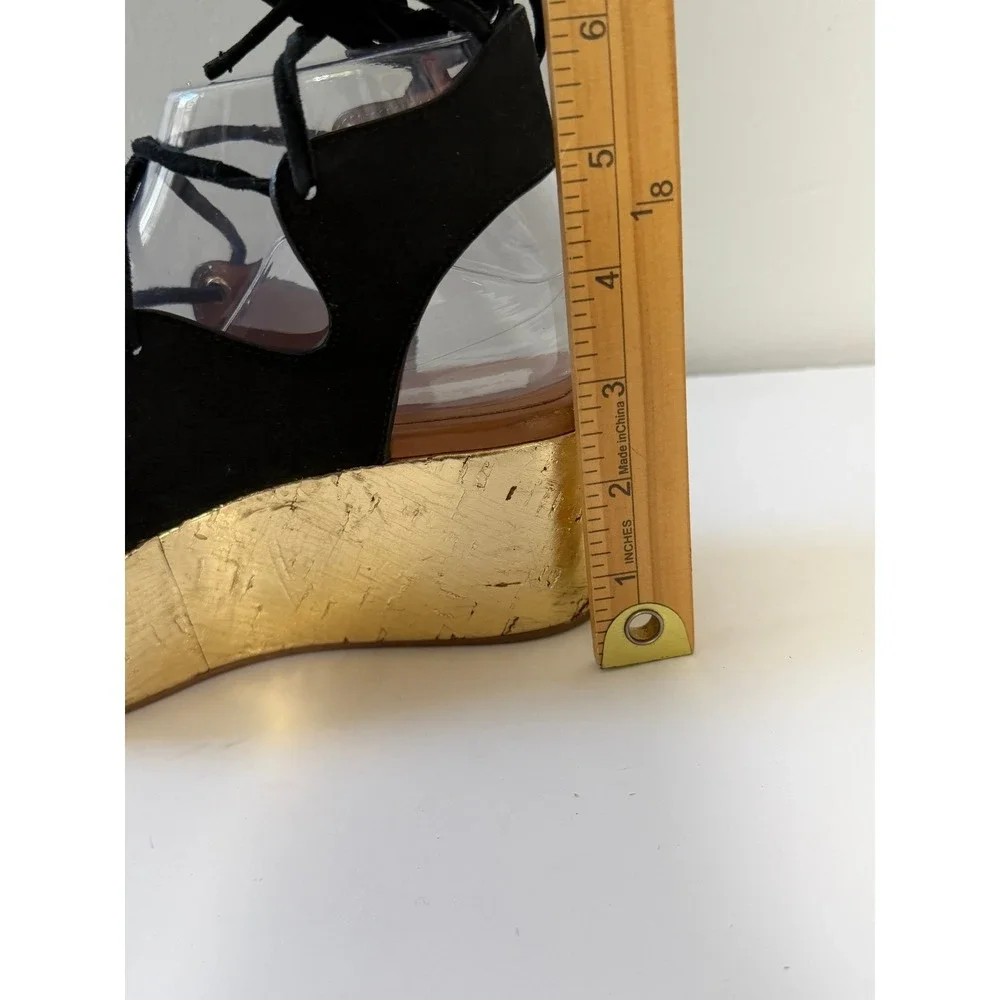 CHLOE See By Chloe Liana Wedge Sandal 6 Black Suede/Gold Cork Platform Gladiator